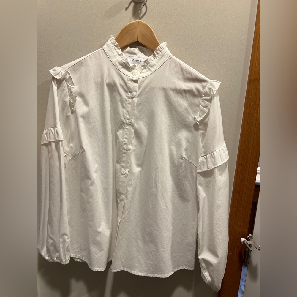 Lucy Paris White Ruffled Button-Up Blouse